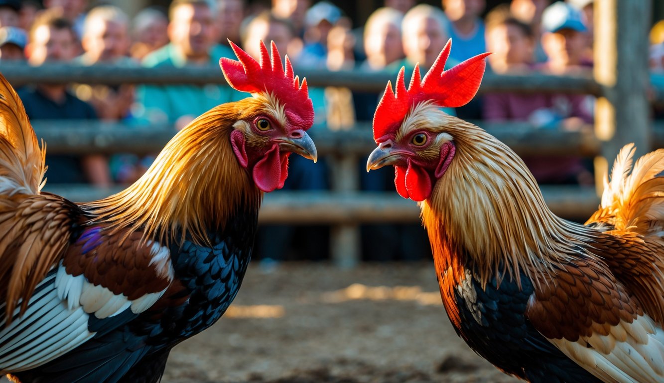 Dua ayam jago sedang bertarung di arena sabung ayam dengan latar belakang penonton.