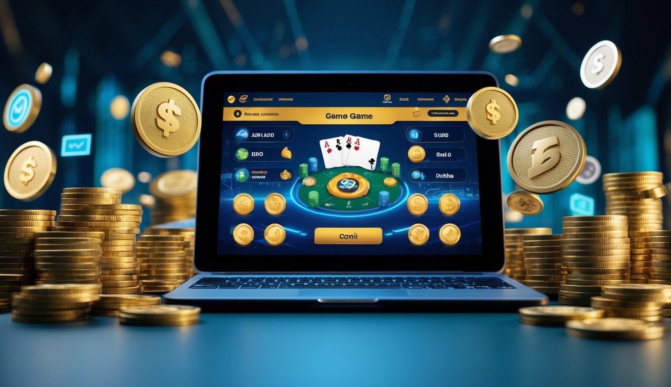 Sebuah setup permainan kartu online dengan perangkat digital menampilkan antarmuka permainan dan simbol bonus serta koin di sekitarnya.