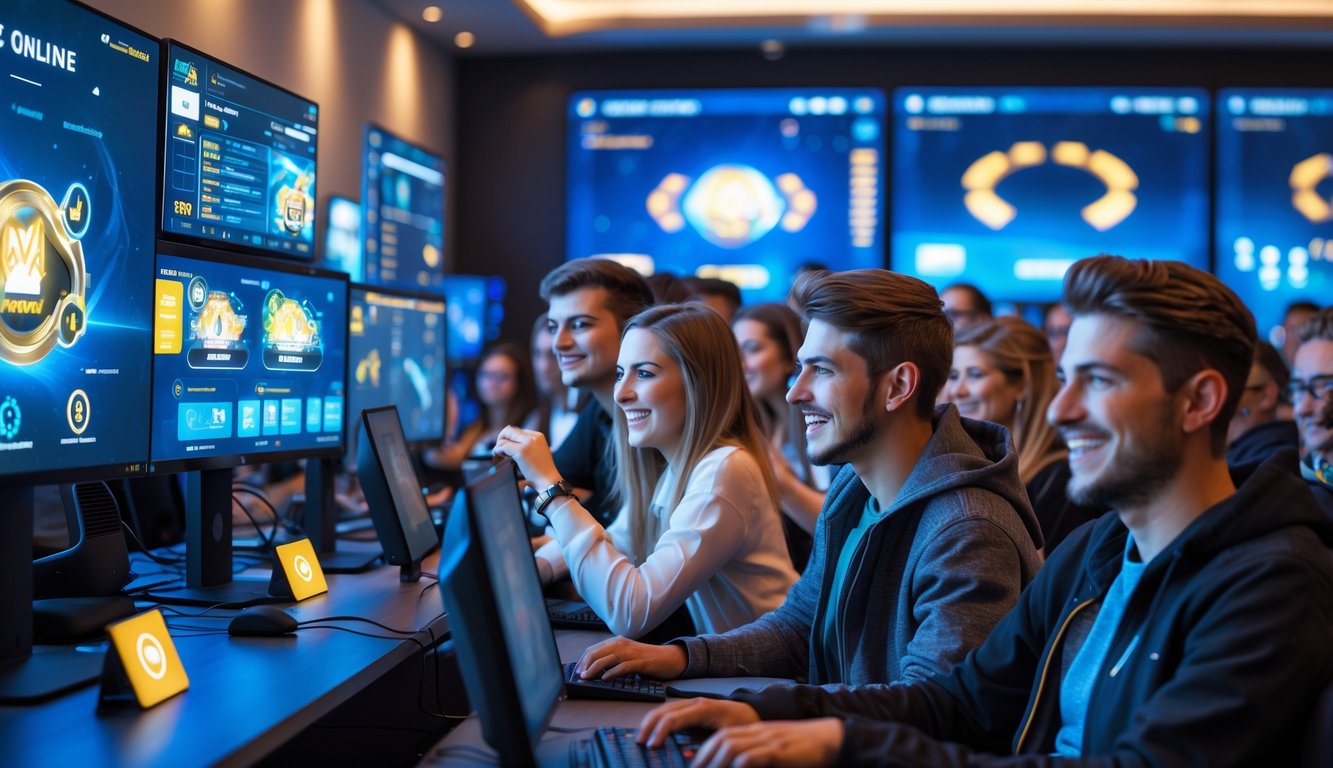 Sekelompok orang muda sedang bermain game online bersama di ruangan modern dengan komputer dan monitor besar.