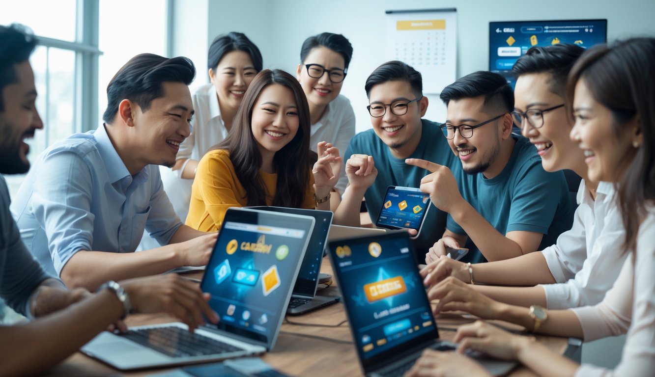 Sekelompok orang yang sedang bermain game kartu online bersama di ruangan yang terang dengan laptop dan ponsel.