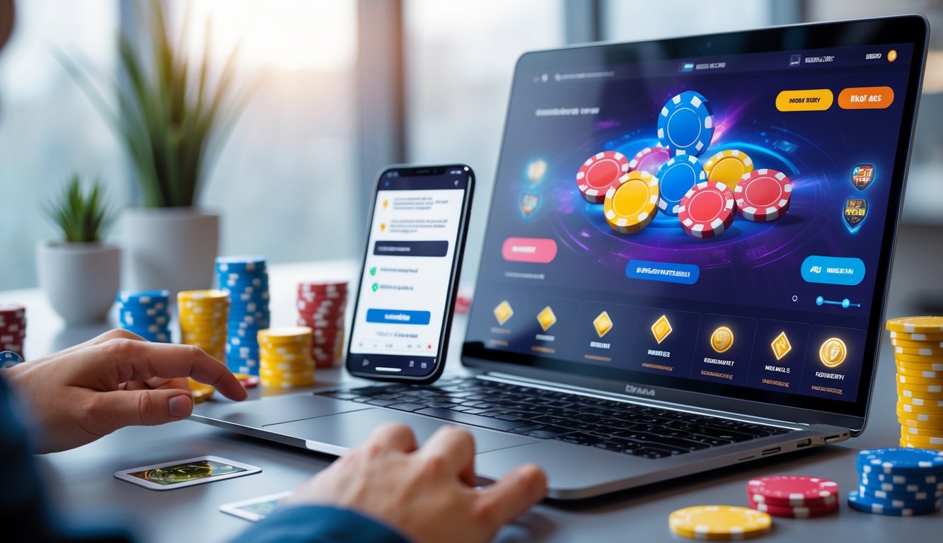 Sebuah meja kerja dengan laptop dan smartphone menampilkan permainan kartu online, dikelilingi chip poker dan kartu remi.