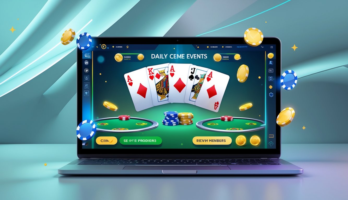 Sebuah layar komputer menampilkan permainan kartu online Ceme dengan chip dan elemen hadiah di sekitarnya.