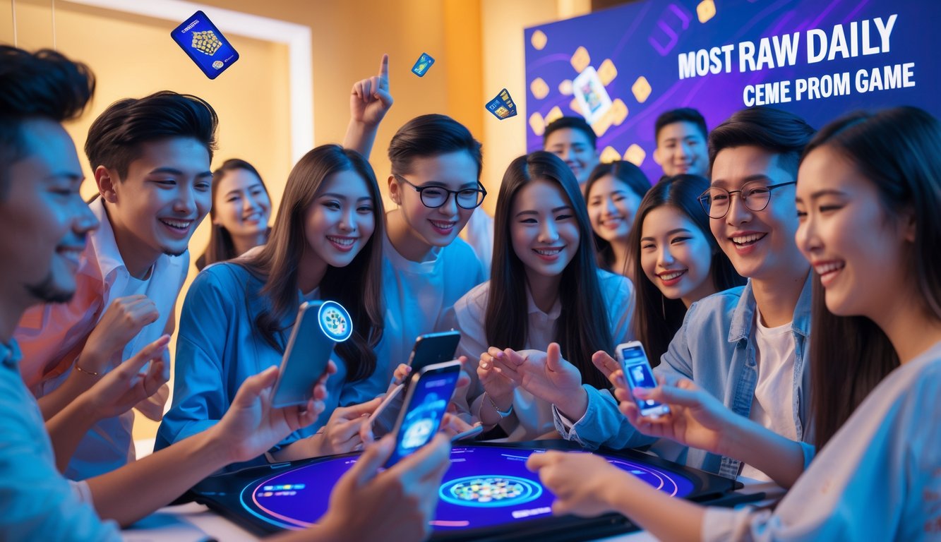 Sekelompok orang muda yang antusias bermain game Ceme online di acara promo dengan suasana ceria dan perangkat digital.