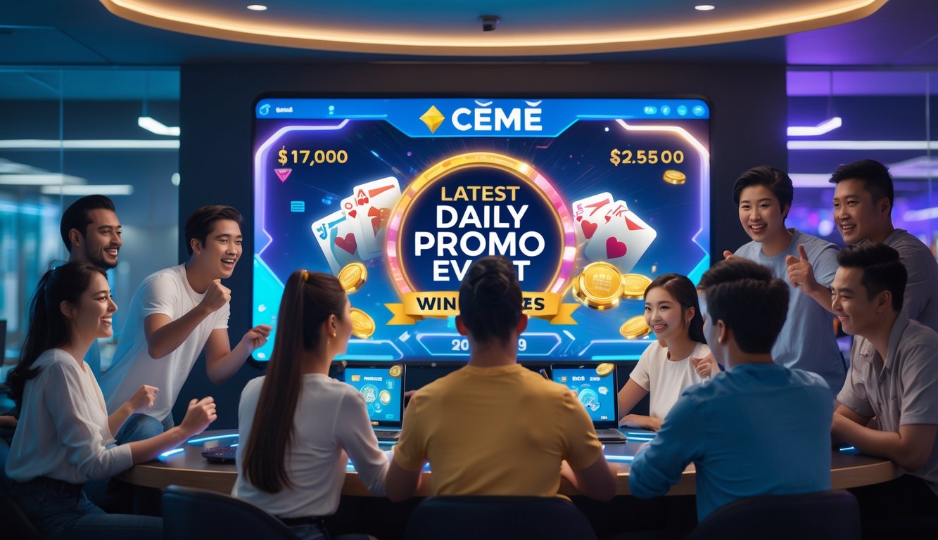 Sekelompok orang muda yang antusias berkumpul di sekitar layar besar menampilkan promosi harian permainan kartu online dengan suasana modern dan penuh semangat.