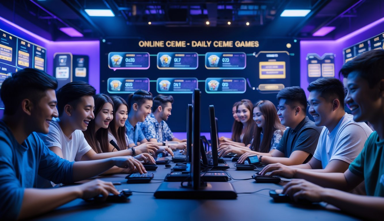 Sekelompok orang muda bermain game kartu online bersama di ruangan dengan komputer dan ponsel, tampak serius dan antusias.