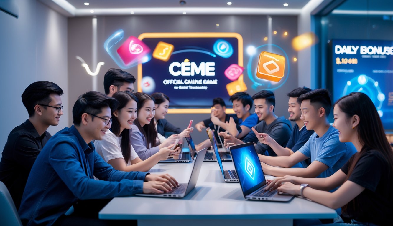 Sekelompok orang muda bermain game Ceme online bersama di ruangan modern yang terang dan nyaman.