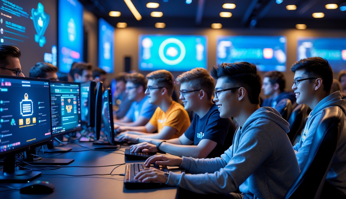 Sekelompok orang muda sedang bermain game online bersama di ruangan modern dengan komputer dan layar yang menampilkan permainan.