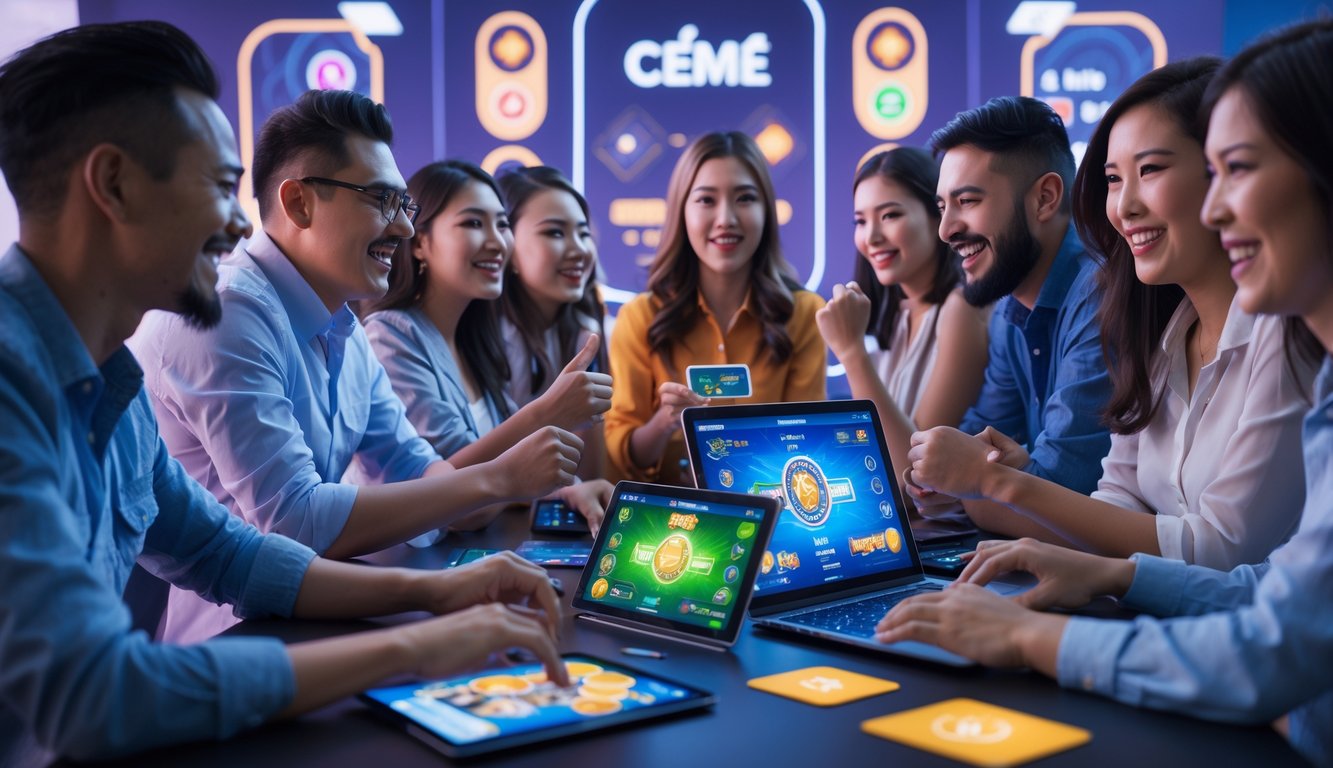 Sekelompok orang sedang bermain permainan kartu online Ceme dengan perangkat digital dalam suasana yang ceria dan fokus.