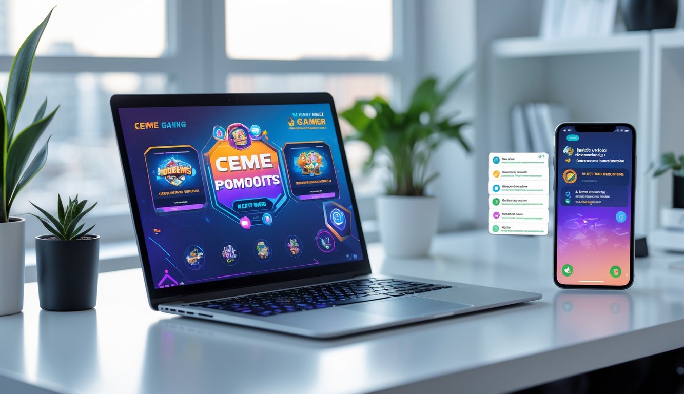 Seseorang menggunakan komputer dan ponsel di meja kerja dengan tampilan game online dan notifikasi promo terbatas serta hadiah spesial.