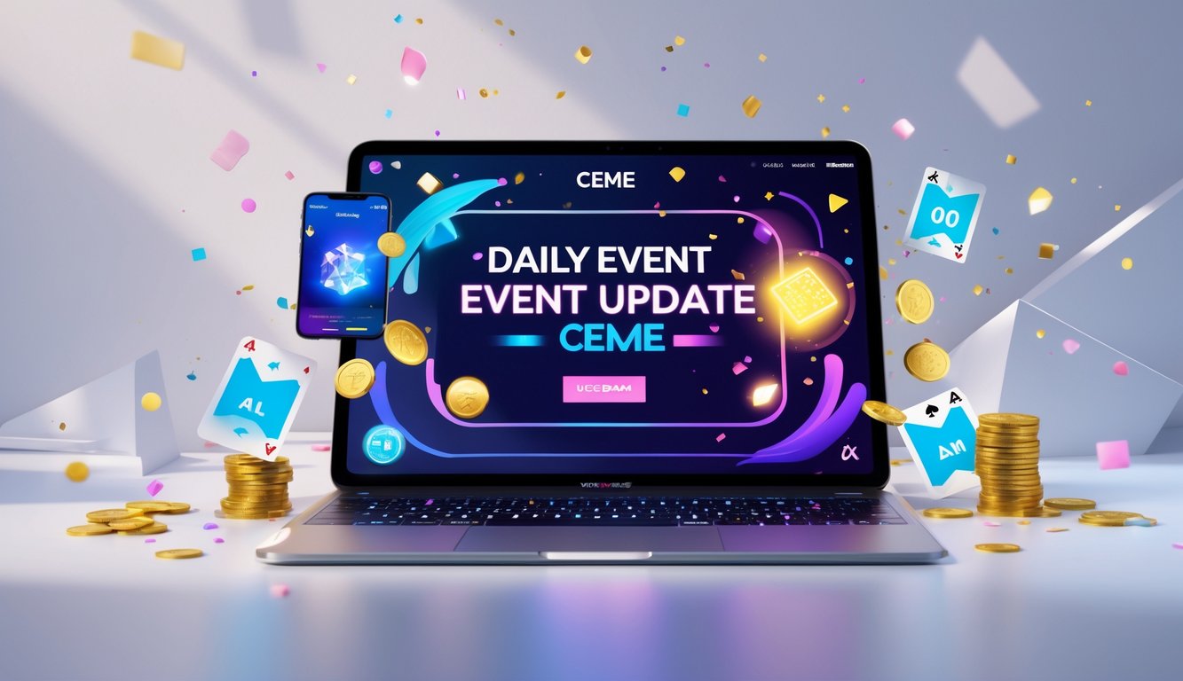 Sebuah perangkat digital menampilkan pembaruan acara harian dengan elemen hadiah dan promosi dalam suasana yang cerah dan modern.