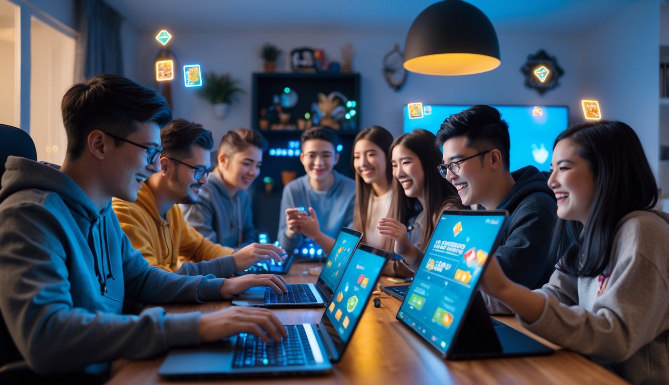 Sejumlah orang muda bermain permainan kartu online bersama di ruang tamu yang nyaman dengan perangkat digital.