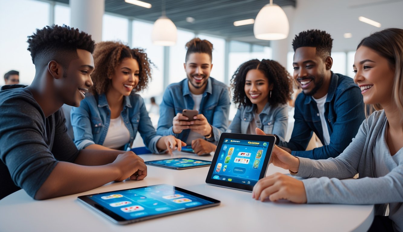 Sekelompok orang muda bermain permainan kartu online bersama di sebuah meja dengan perangkat digital di ruangan modern.