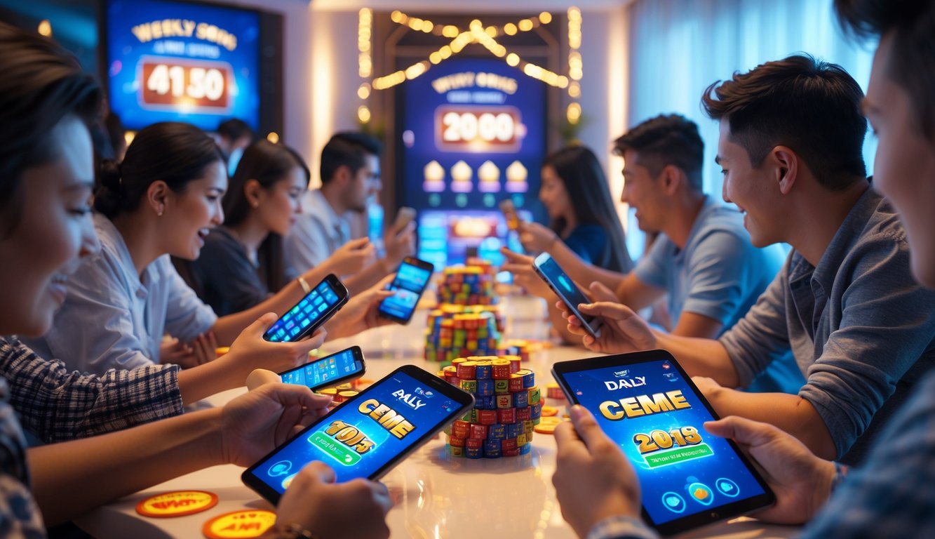 Sekelompok orang bermain game online Ceme menggunakan perangkat digital di ruangan yang nyaman dengan suasana ceria dan antusias.