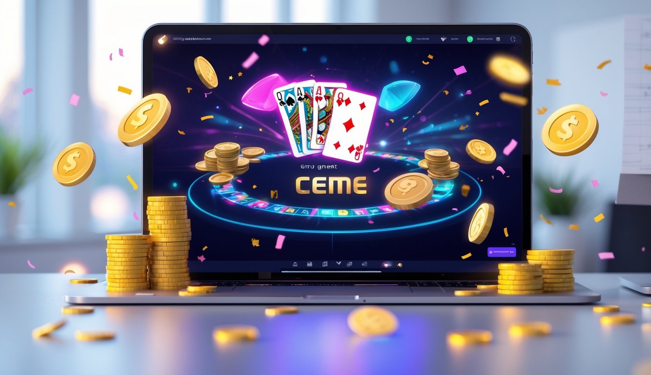 Seseorang bermain permainan kartu Ceme online di depan layar komputer dengan koin dan chip di sekitar, menunjukkan suasana kemenangan dan bonus besar.