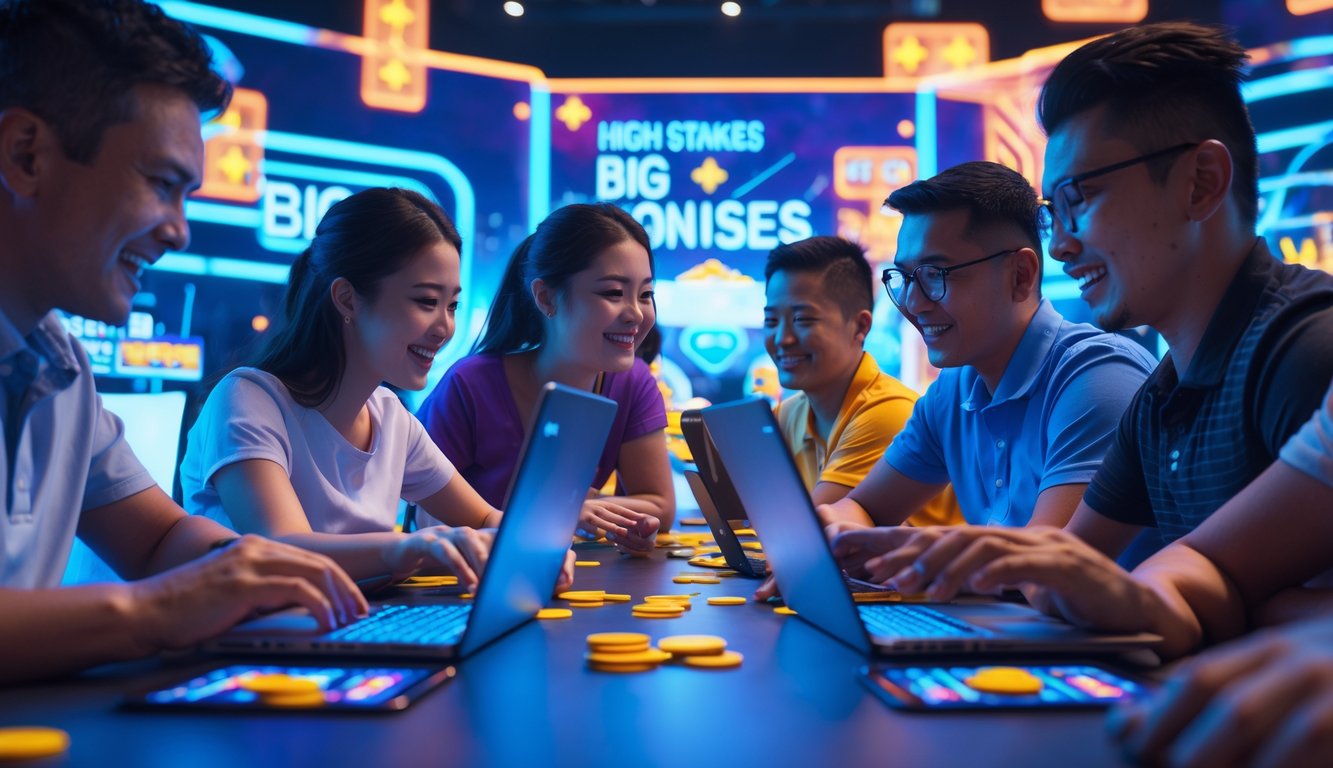 Sekelompok orang bermain game online Ceme menggunakan laptop dan ponsel dengan latar belakang grafis digital yang cerah dan modern.
