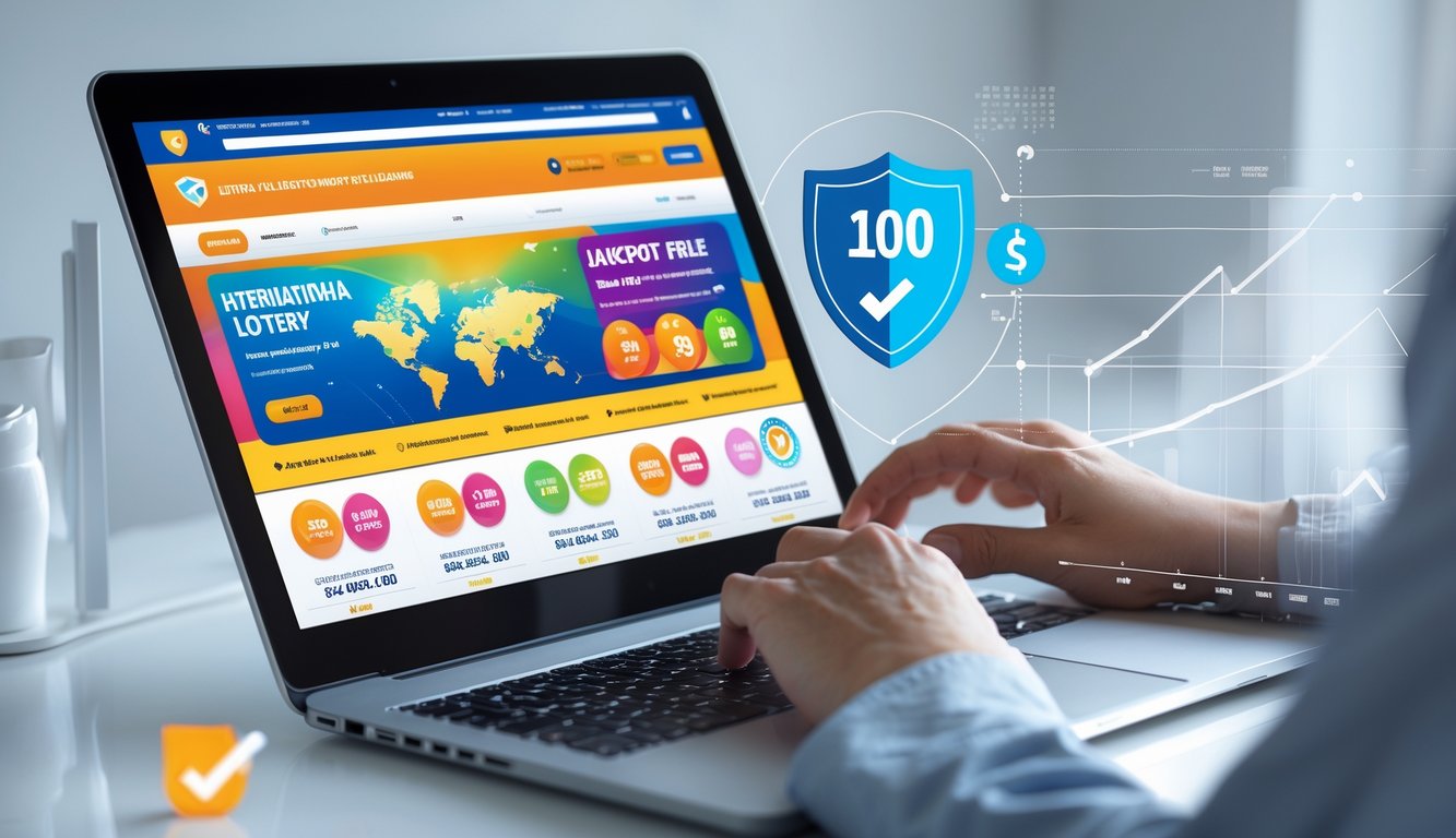 Seseorang menggunakan laptop di meja kerja dengan tampilan situs lotere online yang lengkap dan terpercaya.