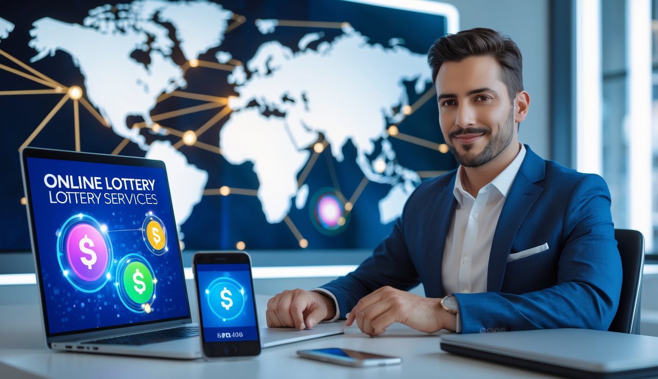 Seorang profesional duduk di meja kerja dengan laptop dan ponsel, menampilkan data digital dan ikon pembayaran yang menunjukkan layanan togel online terpercaya dan sistem pembayaran cepat.