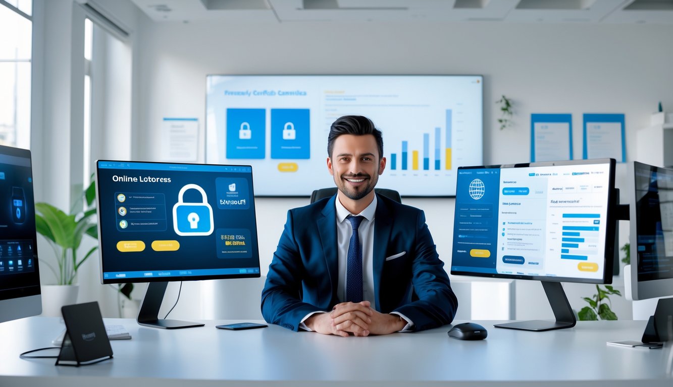 Seorang profesional duduk di meja kantor modern dengan beberapa layar komputer yang menampilkan sistem pembayaran digital dan transaksi aman.