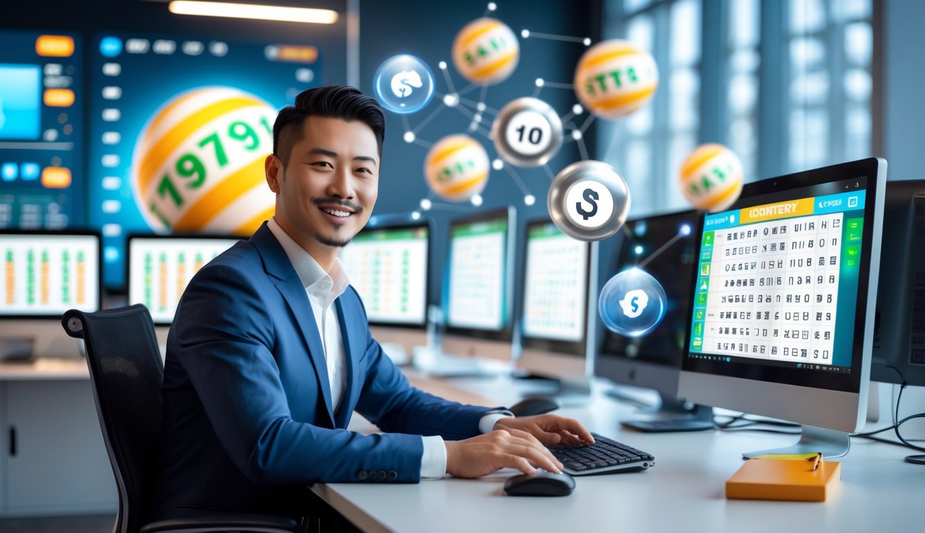 Seorang pria bisnis Asia duduk di meja modern dengan beberapa layar komputer menampilkan angka togel, di kantor yang terang dan rapi.