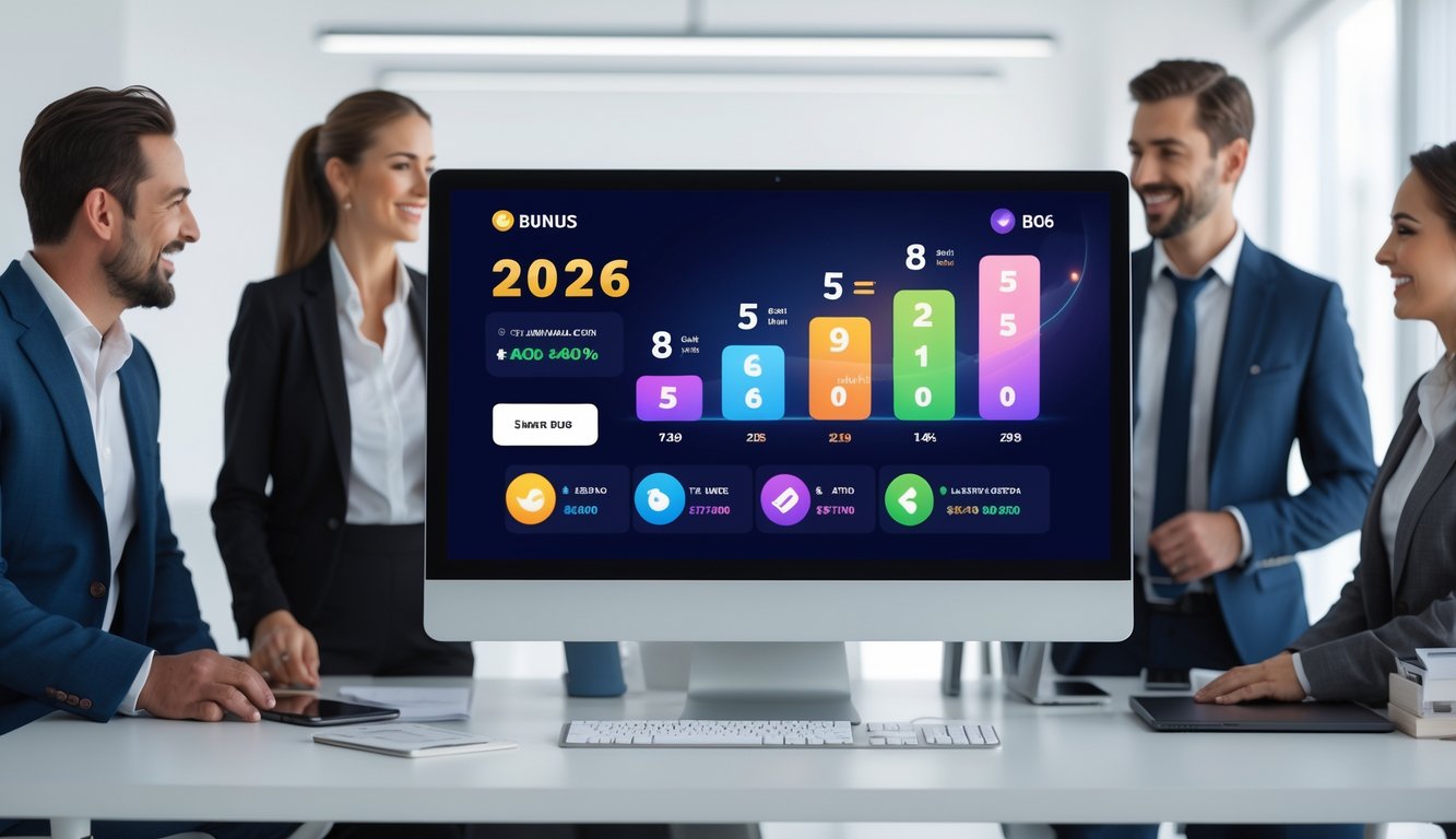 Orang-orang profesional di kantor modern melihat layar komputer dengan antarmuka situs judi online yang menampilkan grafik dan ikon bonus.