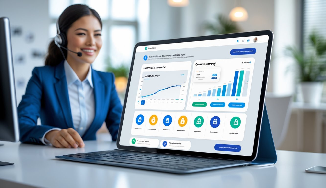 Seorang perwakilan layanan pelanggan profesional tersenyum di kantor modern dengan layar komputer yang menampilkan antarmuka situs togel online terpercaya.