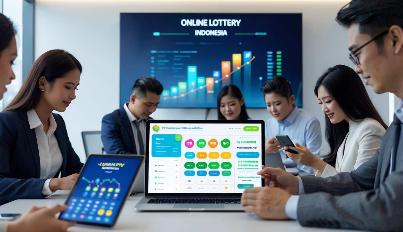 Sekelompok orang menggunakan perangkat digital di kantor modern yang menampilkan suasana terkait permainan togel online terpercaya di Indonesia.
