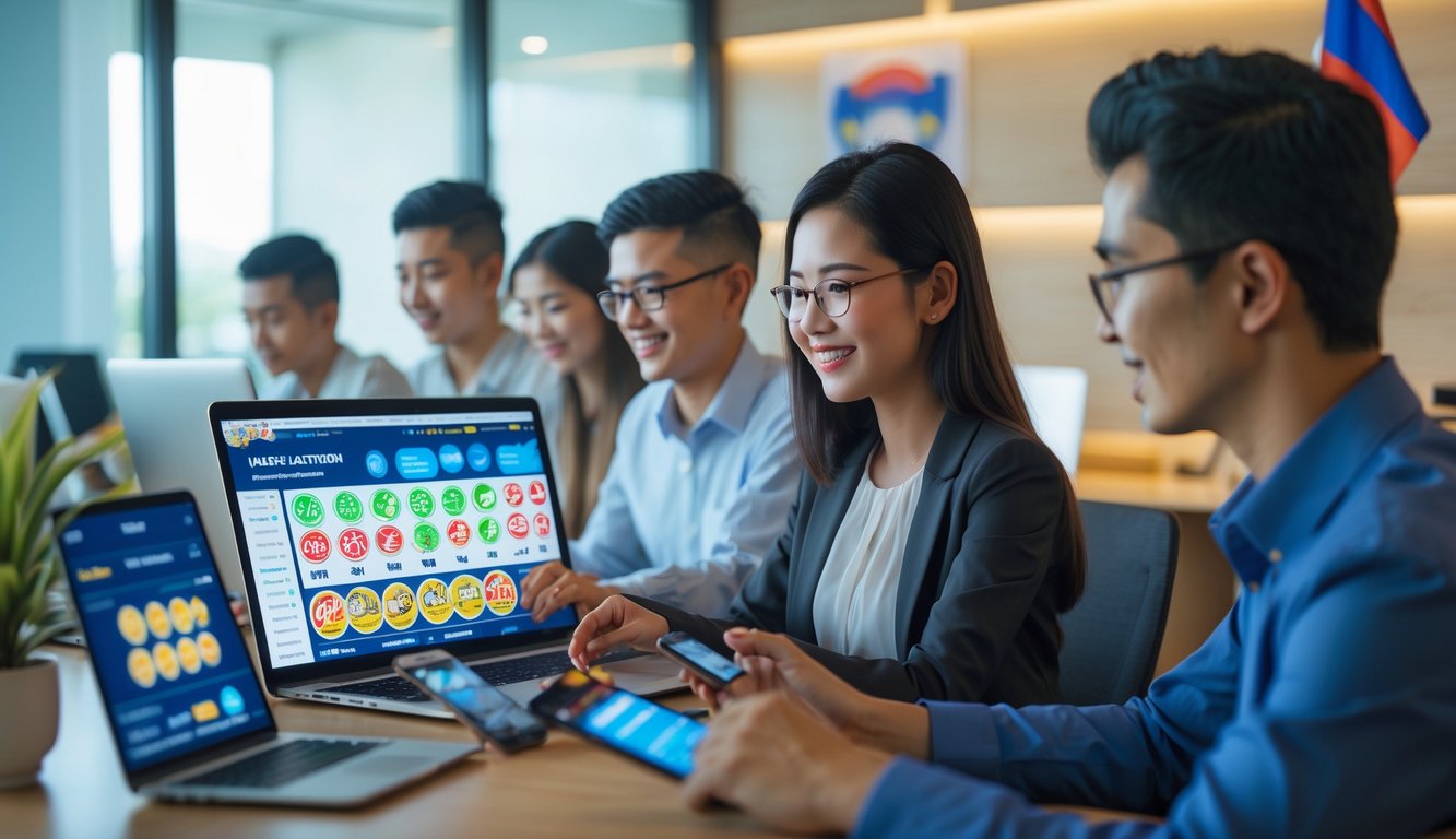 Orang-orang menggunakan perangkat digital di ruang kantor modern dengan elemen budaya Indonesia, menunjukkan suasana terpercaya dan profesional.