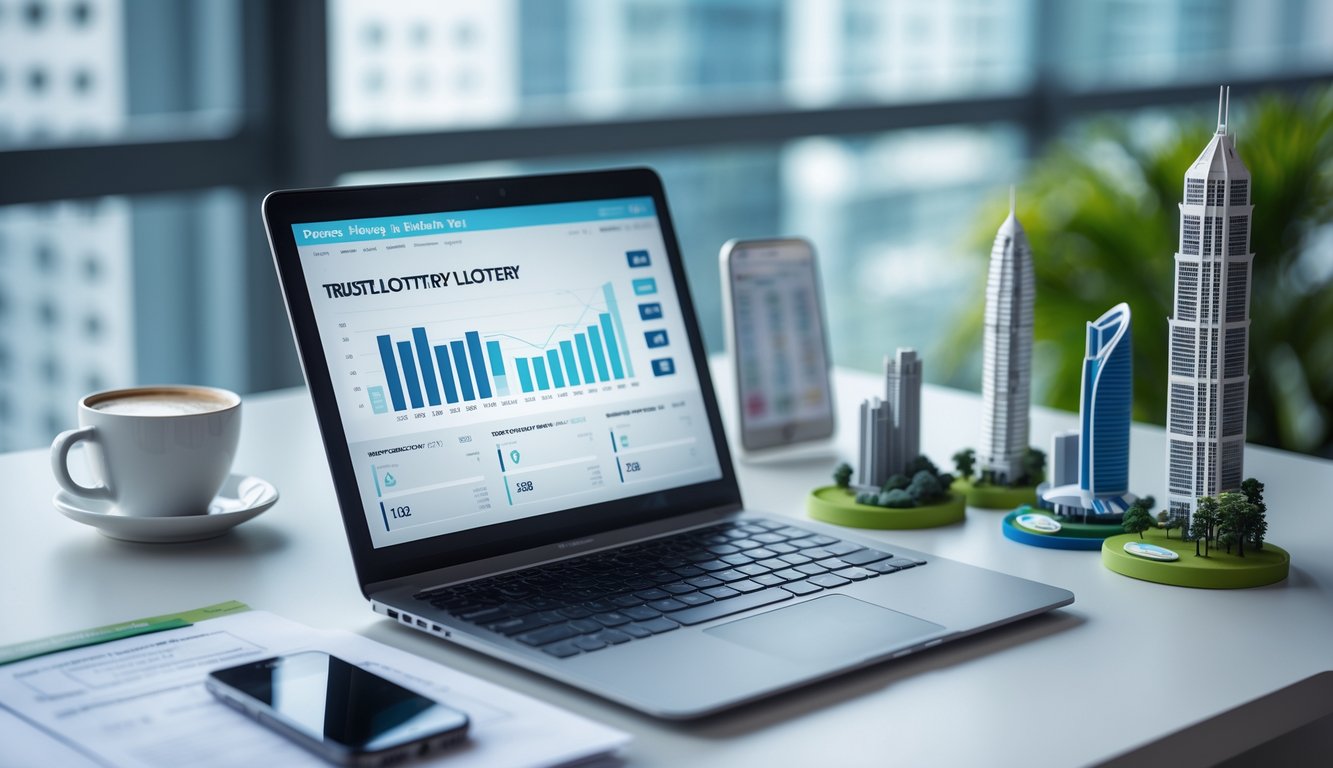 Sebuah meja kerja modern dengan laptop yang menampilkan situs lotere online dan model miniatur landmark dari Macau, Singapura, dan Hong Kong di latar belakang.