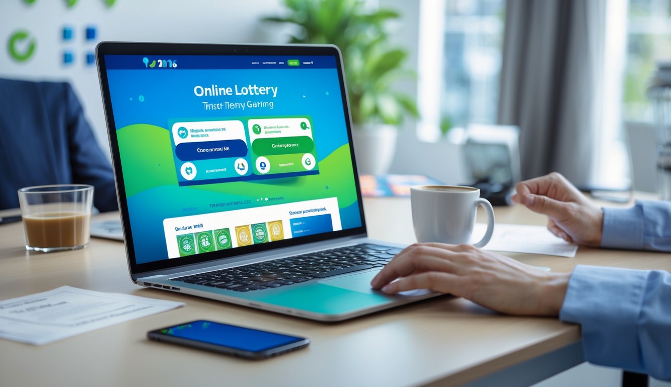 Seseorang menggunakan laptop di meja kerja yang rapi dengan latar belakang simbol keamanan digital, menunjukkan aktivitas bermain togel online yang terpercaya.