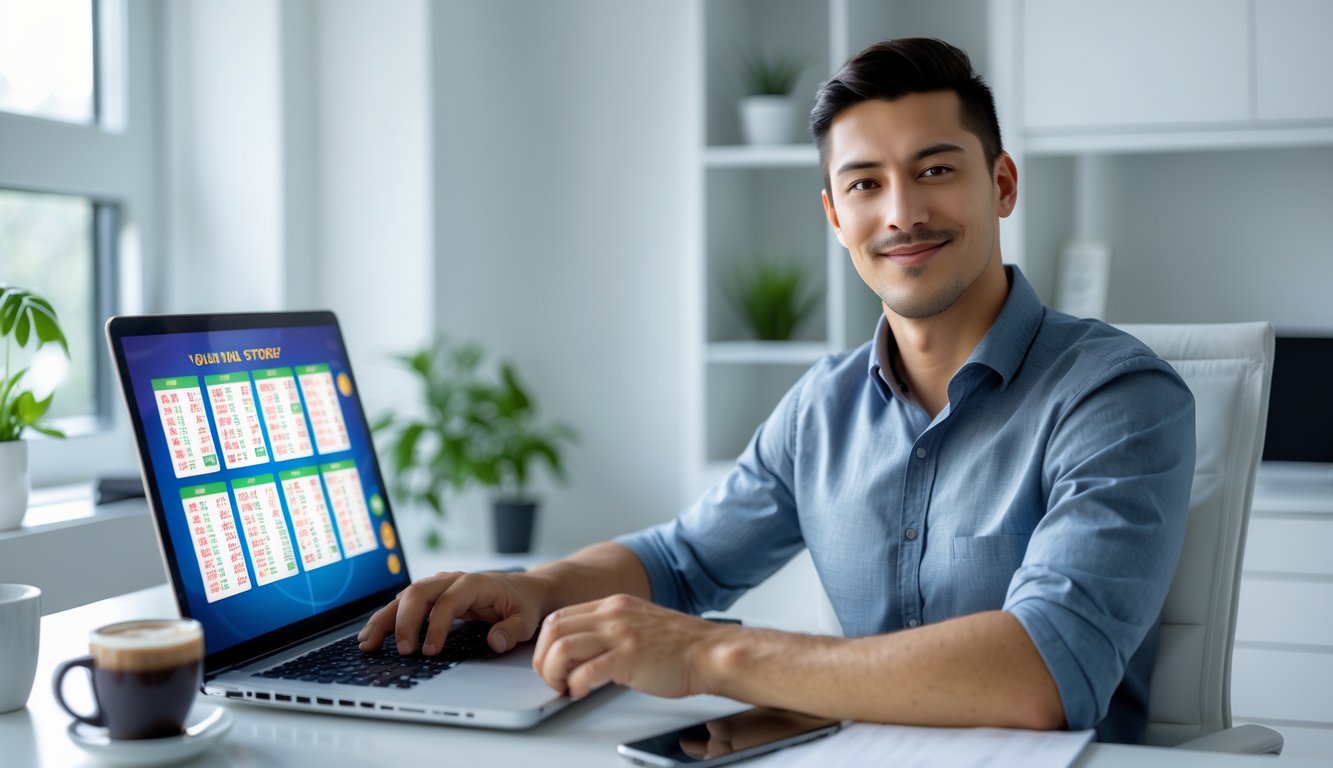Seorang pria muda duduk di meja kerja dengan laptop, terlihat fokus dan puas menggunakan layanan togel online terpercaya.