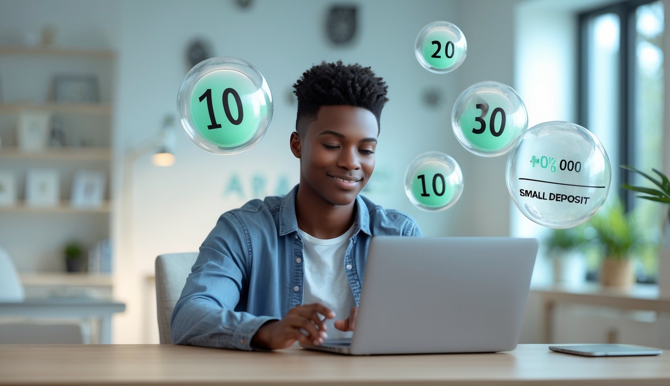 Seorang dewasa muda menggunakan laptop di ruang kerja yang rapi dengan elemen digital seperti angka dan bola togel mengambang di sekitar, menunjukkan suasana bermain togel online yang terpercaya.