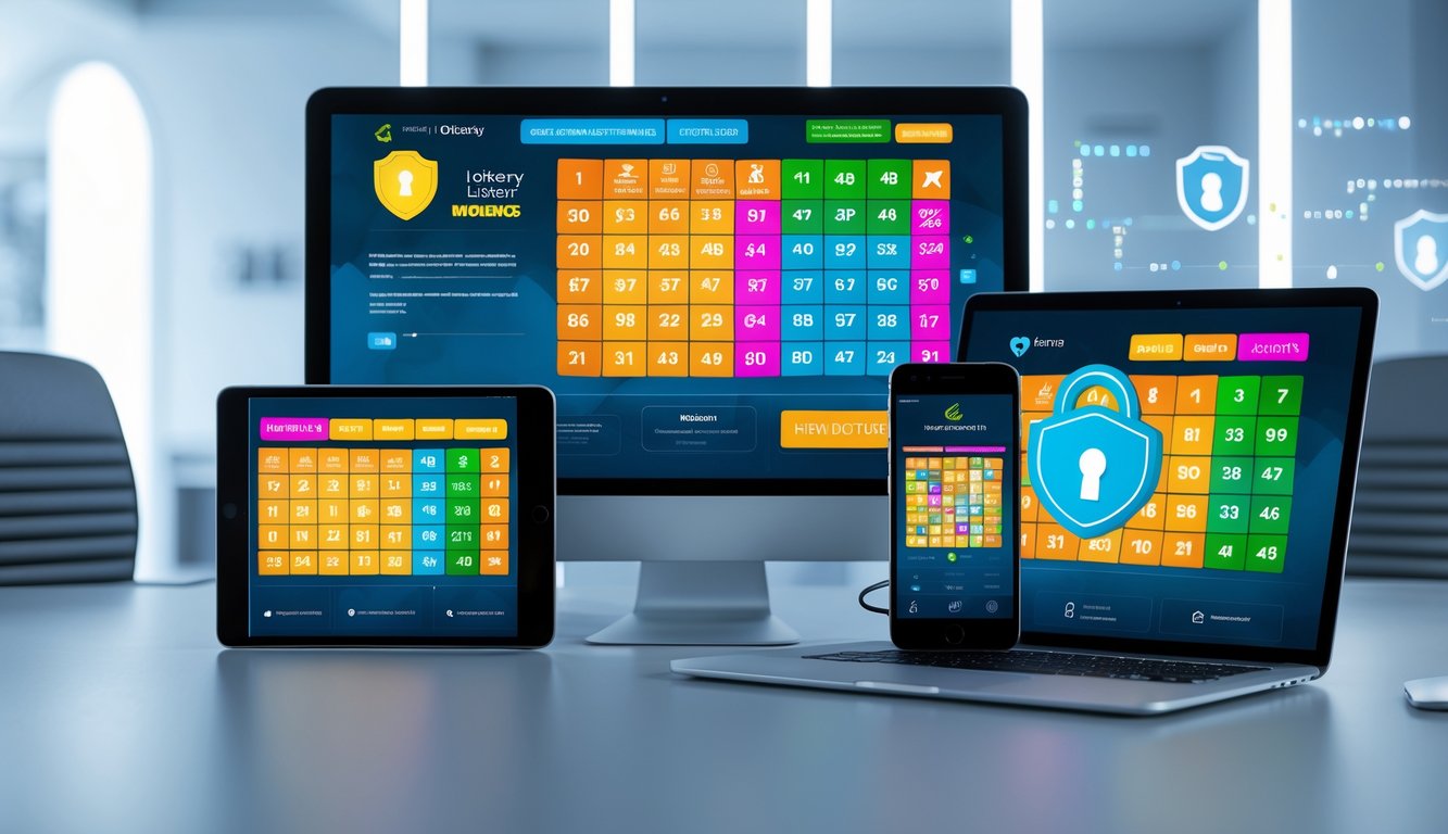 Tampilan perangkat elektronik dengan antarmuka platform togel online yang modern dan aman di lingkungan kantor futuristik.