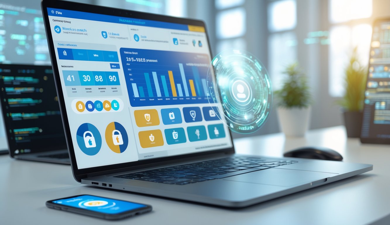 Tampilan antarmuka platform togel online terpercaya di laptop dan ponsel di atas meja kantor dengan ikon keamanan dan grafik.
