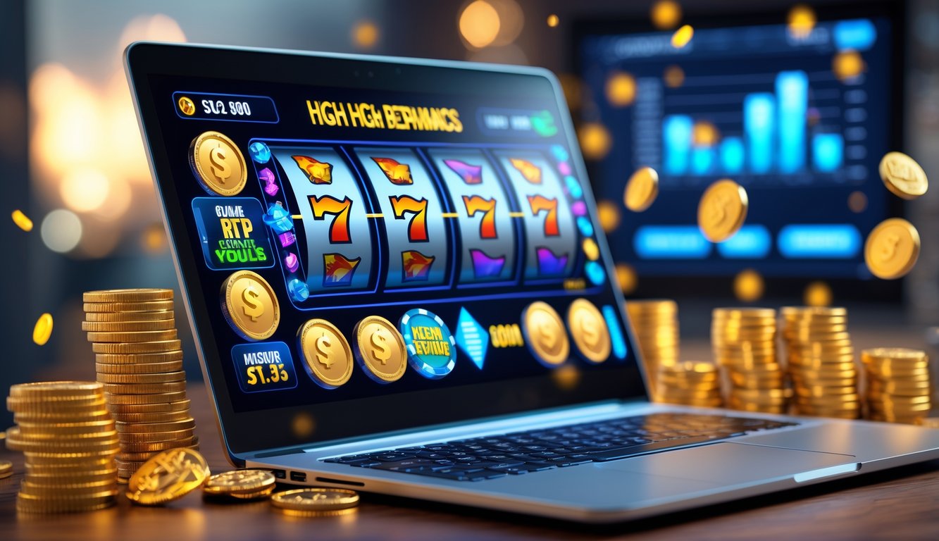 Seorang pemain menggunakan laptop dengan permainan slot online yang berwarna-warni di layar, dikelilingi oleh koin emas dan simbol hadiah, menunjukkan pengalaman judi online yang menyenangkan dan menguntungkan.