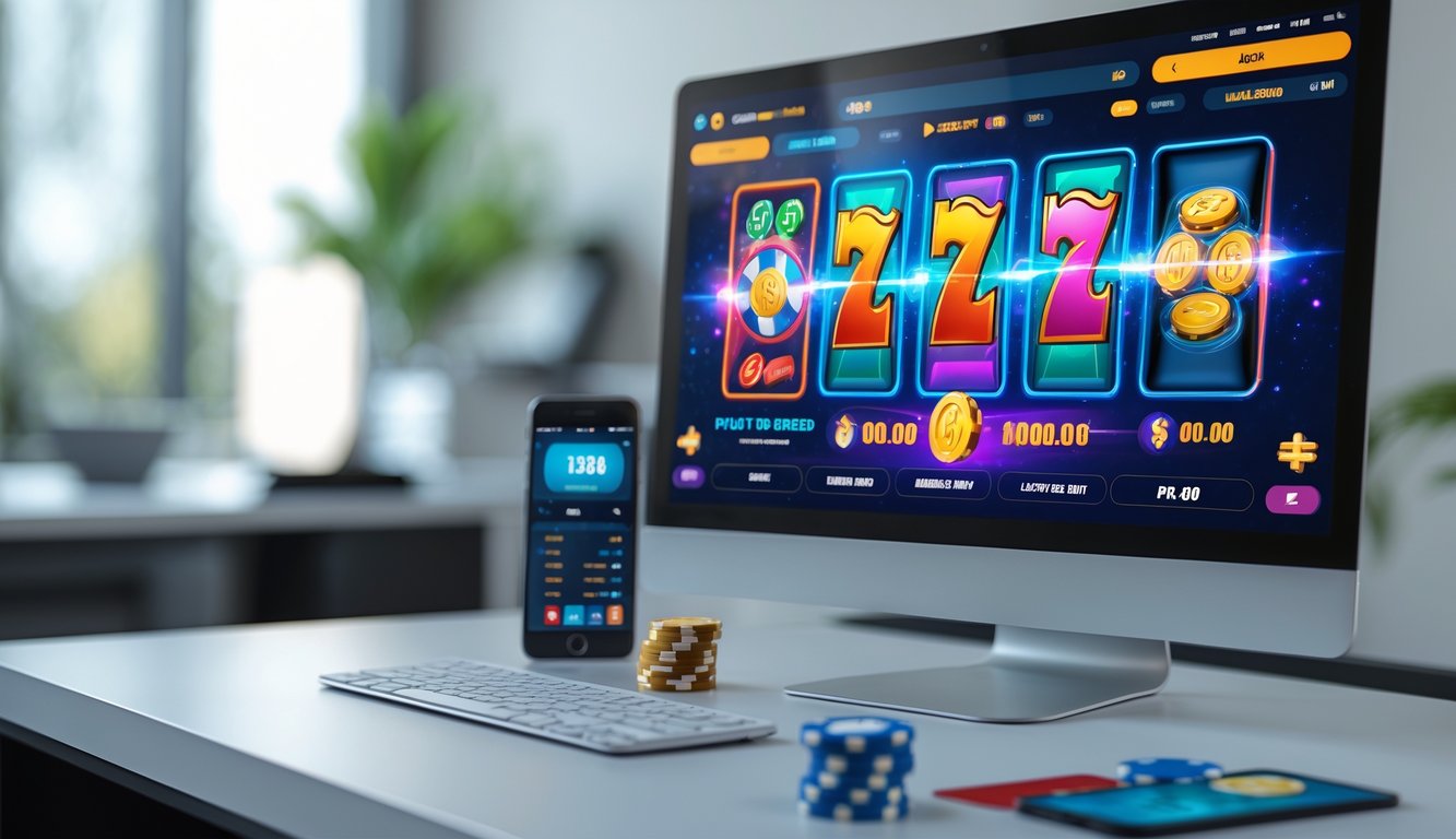 Seorang pengguna sedang bermain judi slot online di laptop dengan tampilan permainan slot yang berwarna-warni dan perangkat pendukung seperti chip poker dan kartu di meja.