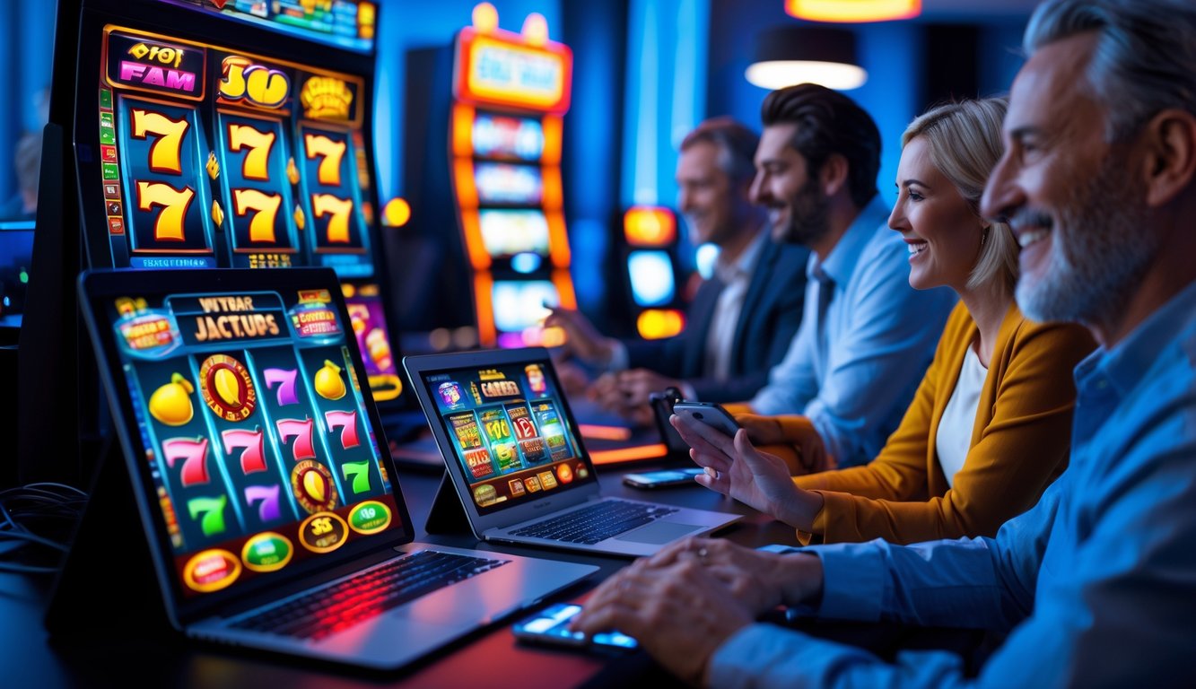 Orang-orang sedang bermain mesin slot online di perangkat digital dalam suasana nyaman dan modern.