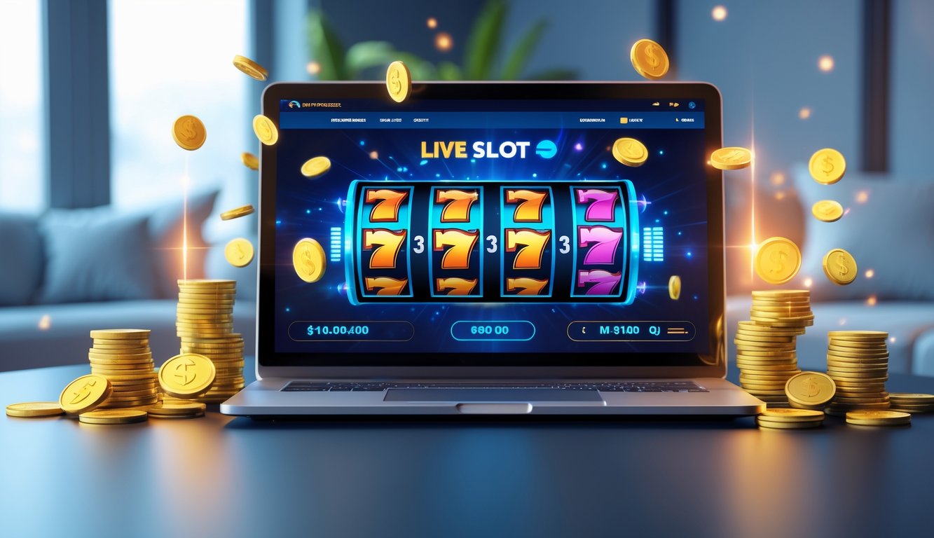 Seorang pemain sedang menggunakan komputer dengan tampilan permainan slot online yang berwarna-warni dan koin serta uang yang bersinar di sekitarnya.
