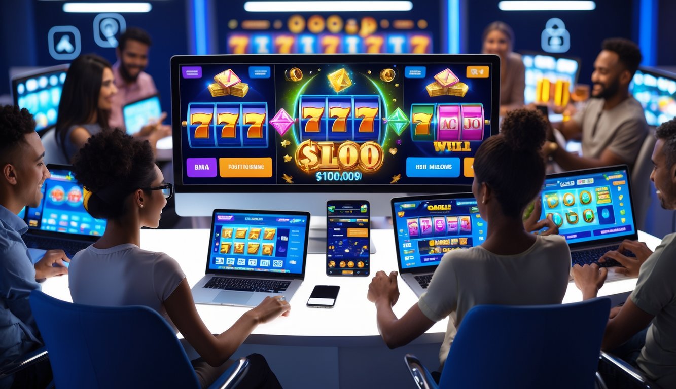 Orang-orang menggunakan laptop dan ponsel untuk bermain permainan slot online dengan tampilan layar berwarna cerah di ruang yang nyaman.