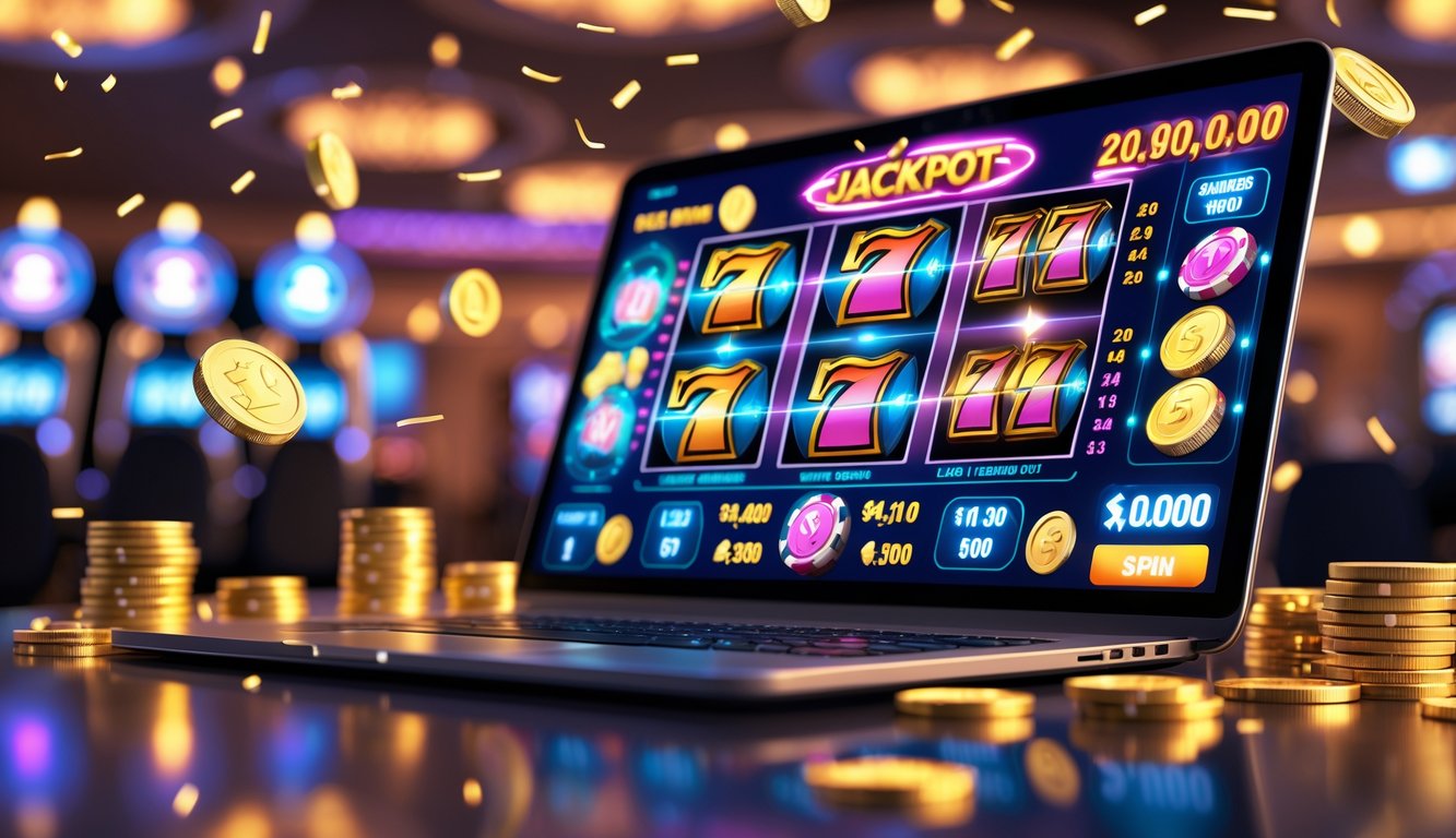 Layar komputer menampilkan permainan slot online dengan simbol warna-warni dan koin yang bersinar di sekitarnya.
