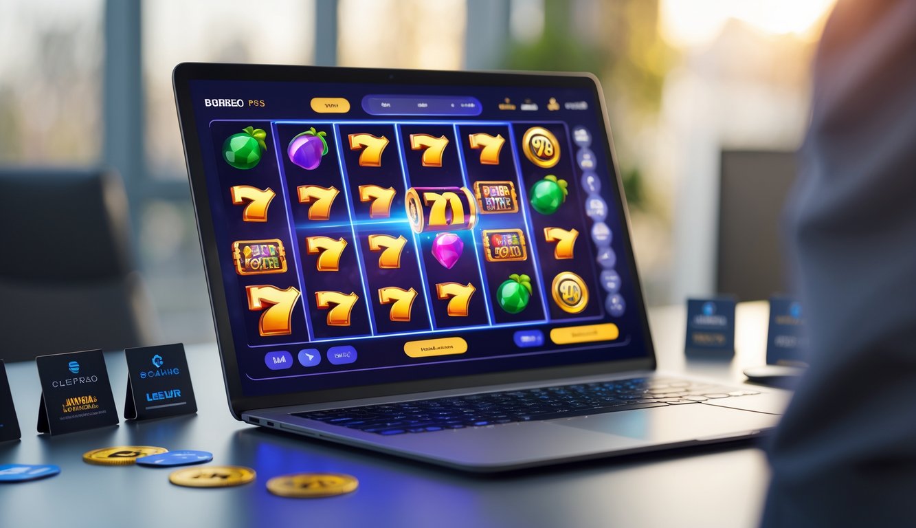 Sebuah layar komputer menampilkan permainan mesin slot online dengan simbol berwarna cerah, dikelilingi oleh kartu kecil yang mewakili penyedia game, di atas meja yang rapi.