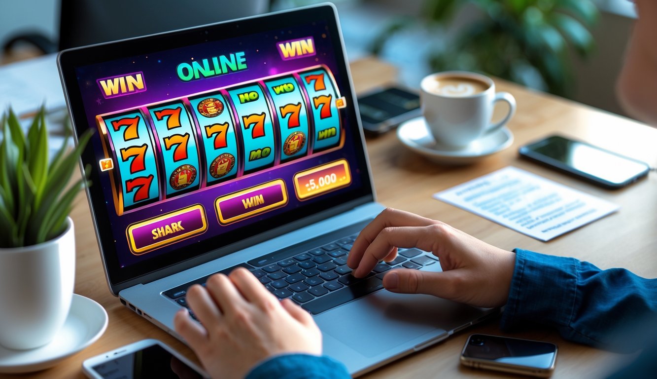 Seseorang bermain mesin slot online di depan komputer di ruang kerja yang rapi dengan kopi dan ponsel di meja.