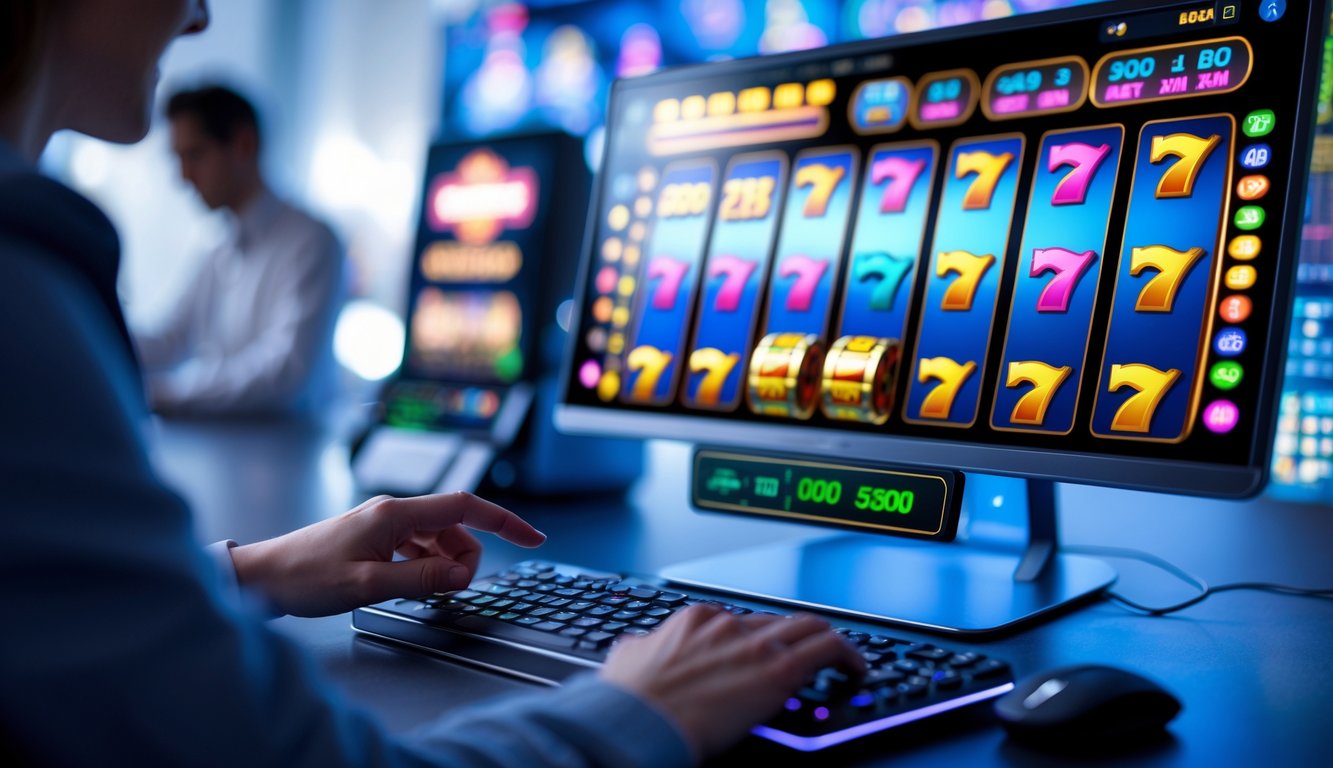 Seorang pemain sedang menggunakan komputer dengan tampilan permainan slot online yang berwarna-warni di layar.