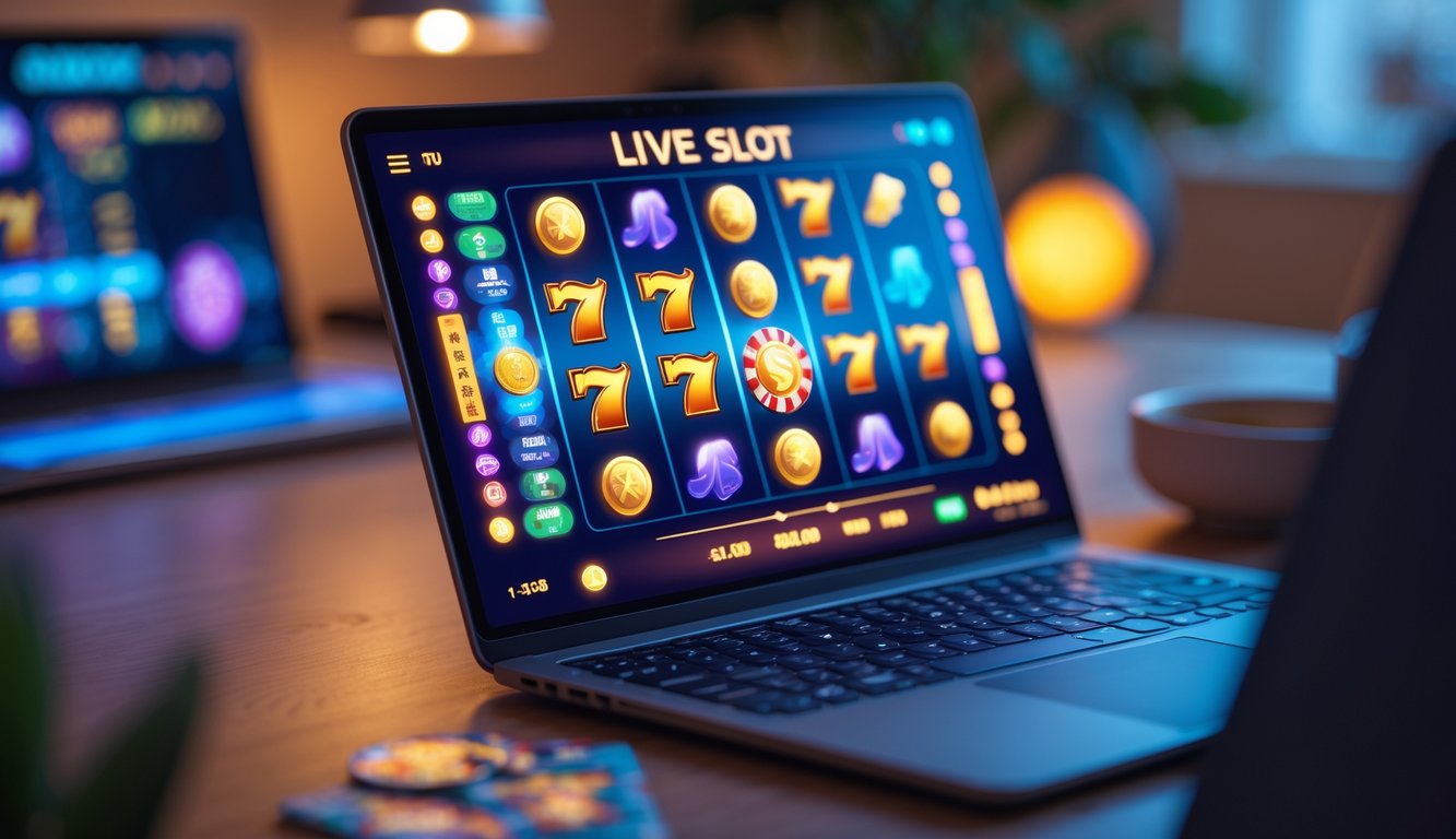 Seseorang menggunakan laptop dengan tampilan permainan slot online yang aman dan menarik di layar.
