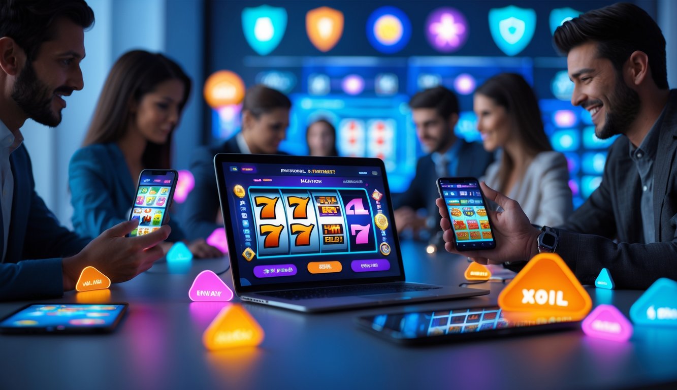 Orang-orang menggunakan perangkat digital untuk bermain slot online dengan suasana yang aman dan menyenangkan.