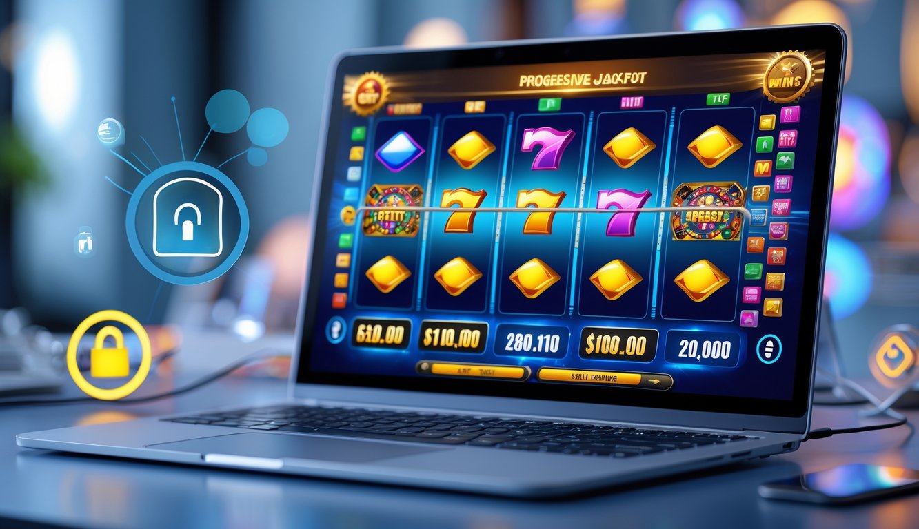 Seorang pemain sedang menikmati permainan slot online dengan layar komputer menampilkan gulungan warna-warni dan indikator jackpot besar.