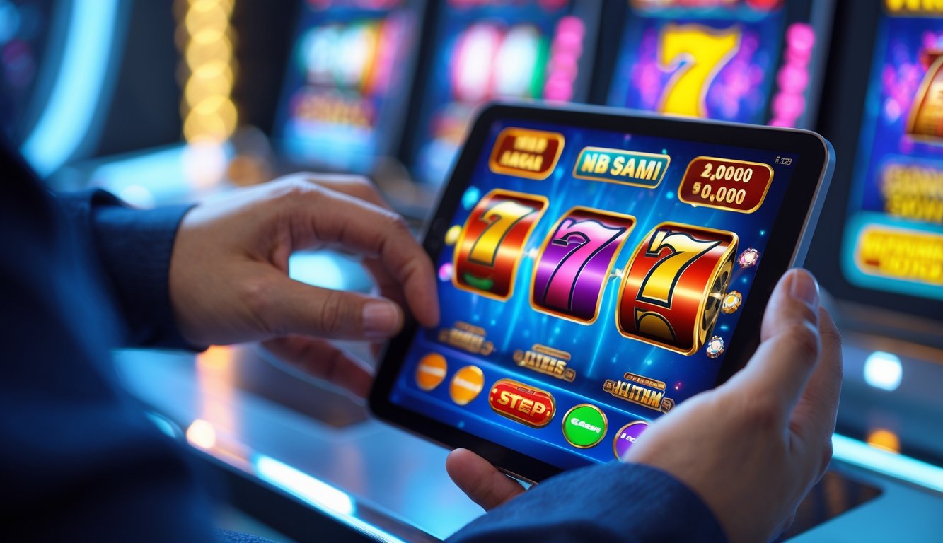 Seseorang menggunakan ponsel untuk bermain game slot online dengan latar belakang antarmuka kasino digital yang modern.