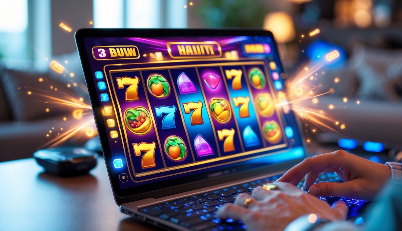 Seorang pengguna berinteraksi dengan permainan slot online di layar komputer yang menampilkan gulungan slot berwarna-warni dalam suasana ruangan yang nyaman.