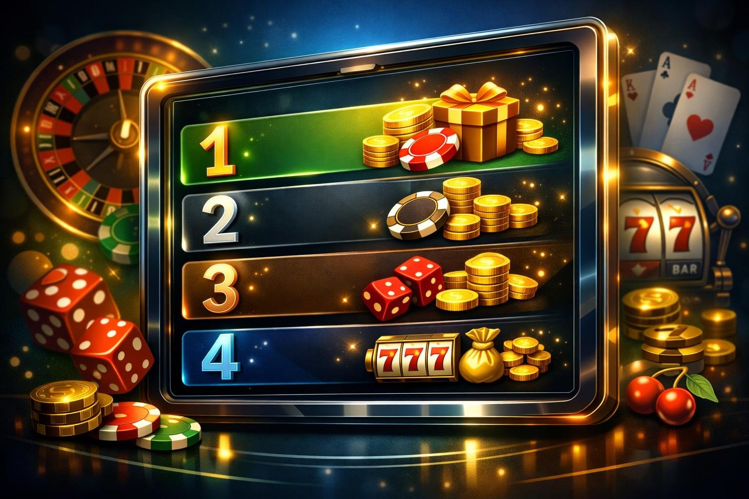 A Digital Leaderboard Showing A Ranked List Of Casino Bonuses With Icons Of Coins, Chips, And Gift Boxes, Surrounded By Casino Elements Like Roulette Wheels, Playing Cards, And Dice.