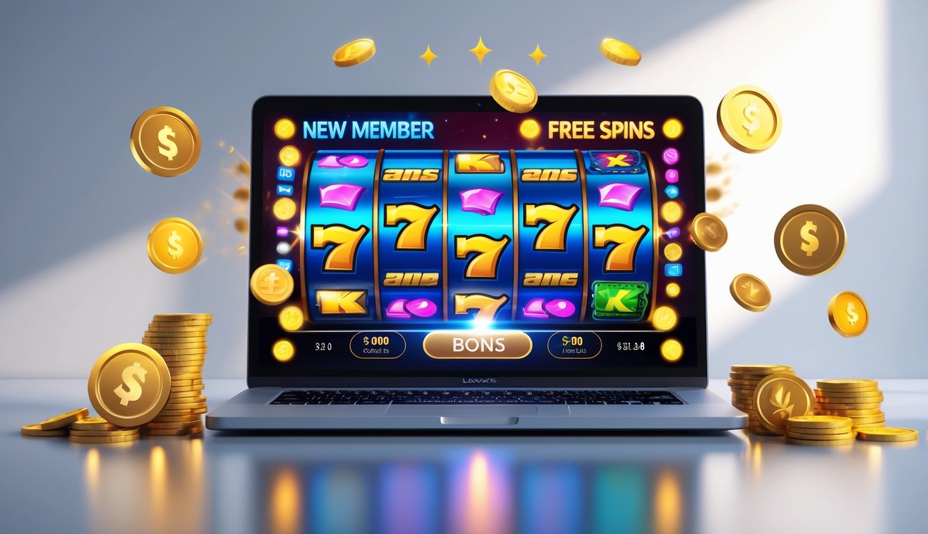 Layar komputer menampilkan permainan slot online dengan simbol berwarna cerah dan koin digital di sekitarnya.