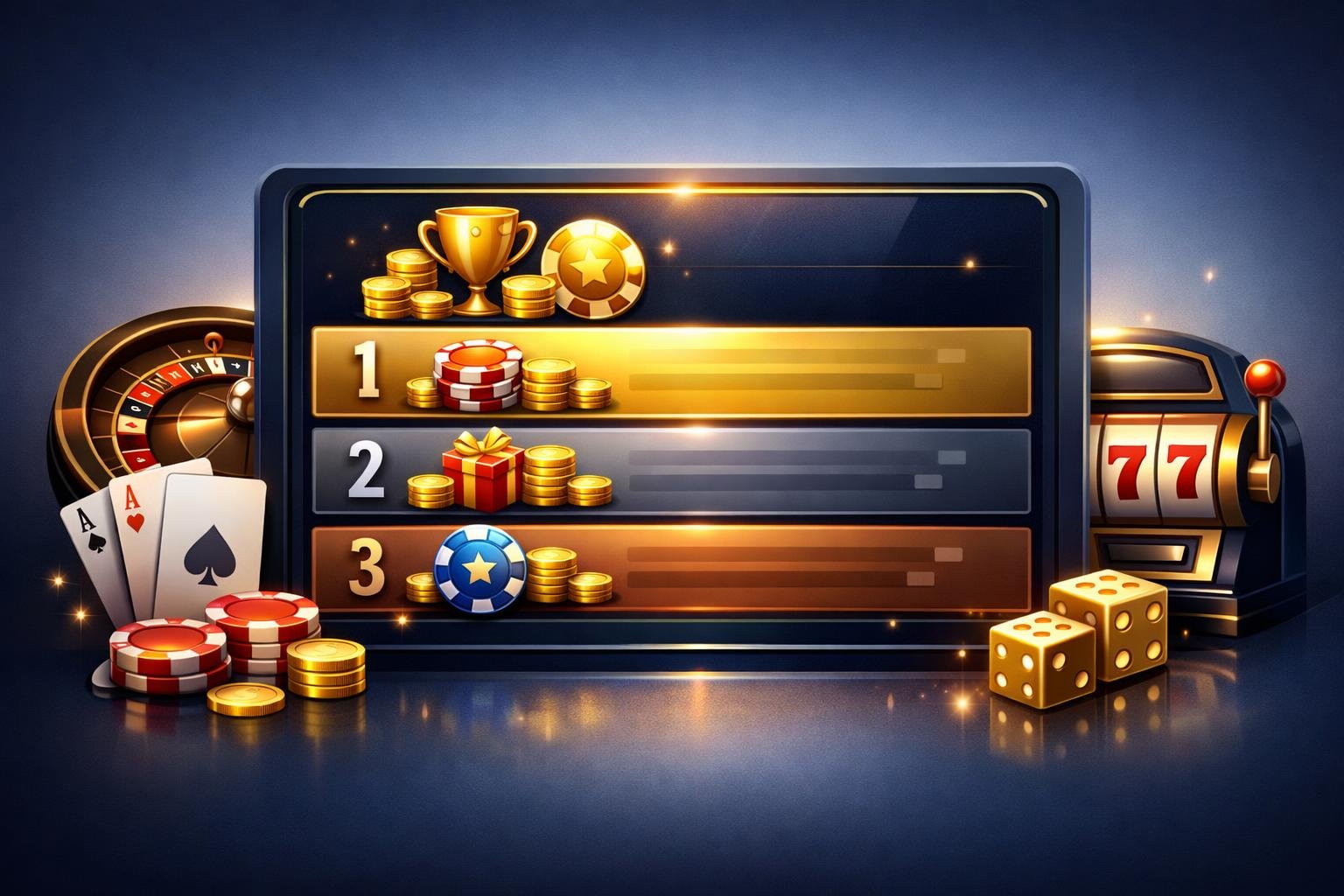 A Digital Leaderboard Showing Top Casino Bonuses With Icons Of Coins, Chips, Playing Cards, Roulette Wheels, And Slot Machines Arranged Around It.